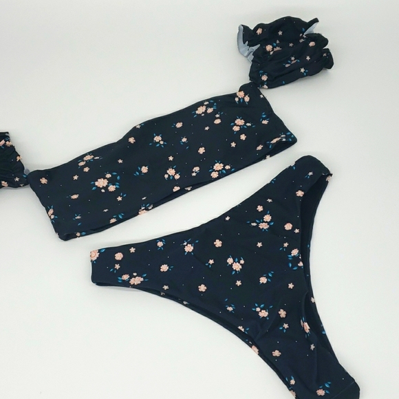 Black Boho Off Shoulder Bandeau High Waist Bikini - Picture 9 of 10